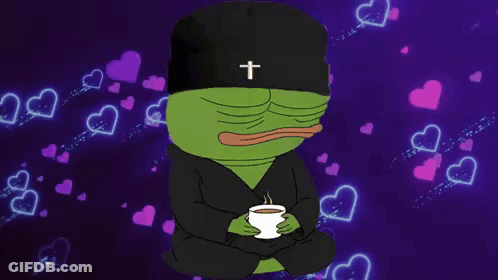 A Green Frog Wearing A Black Hat With A Cross On It Is Holding A Cup Of Coffee GIF