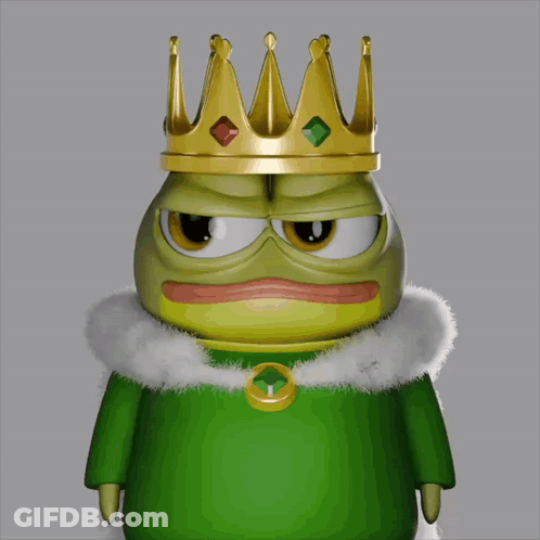 A Green Frog Wearing A Gold Crown And A White Coat GIF