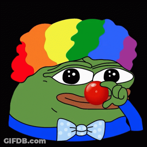 A Green Frog Wearing A Rainbow Wig And A Blue Bow Tie Is Holding A Red Clown Nose GIF