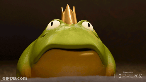 A Green Frog With A Gold Crown On Its Head Is On A Disney Pixar Poster GIF
