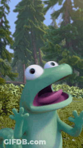 A Green Frog With A Purple Tongue Is Standing In A Field With Trees In The Background GIF