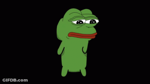 A Green Frog With A Sad Look On His Face Is Standing On A Black Background GIF