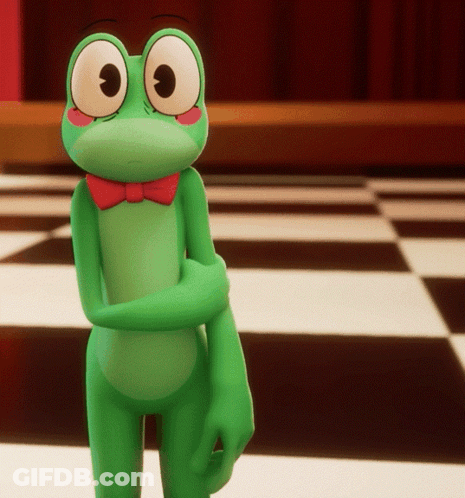 A Green Frog With Big Eyes And A Red Bow Tie GIF