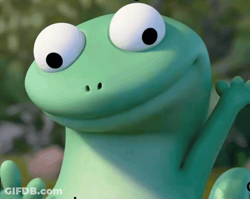 A Green Frog With Big White Eyes Is Smiling GIF
