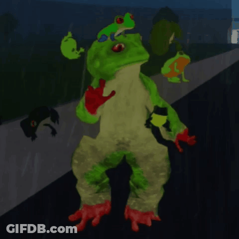 A Green Frog With Red Feet Is Standing On A Dark Street GIF