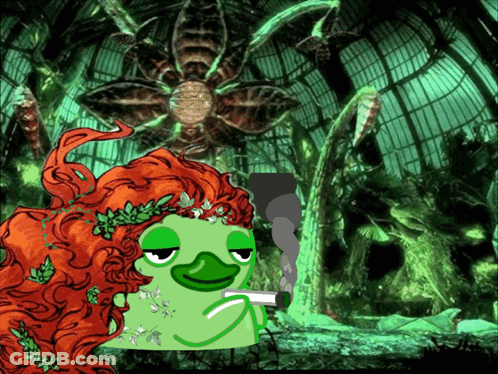 A Green Frog With Red Hair Is Smoking A Cigarette In Front Of A Flower GIF