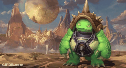 A Green Frog With Spikes On Its Head Stands In Front Of A Castle GIF