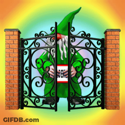 A Green Gnome Is Standing Behind A Wrought Iron Gate With A Sign That Says See GIF