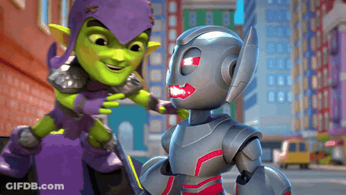 A Green Goblin And A Robot Are Standing Next To Each Other In A City GIF