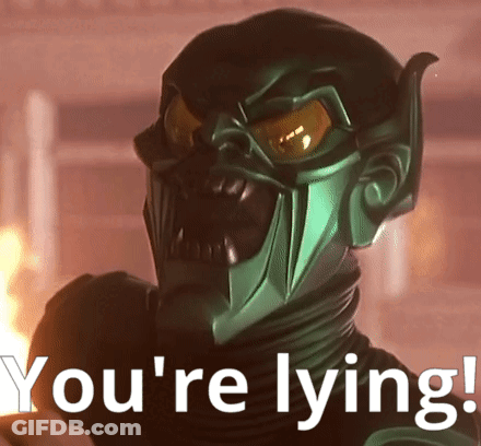A Green Goblin Says " You 'Re Lying " In Front Of A Burning Building GIF