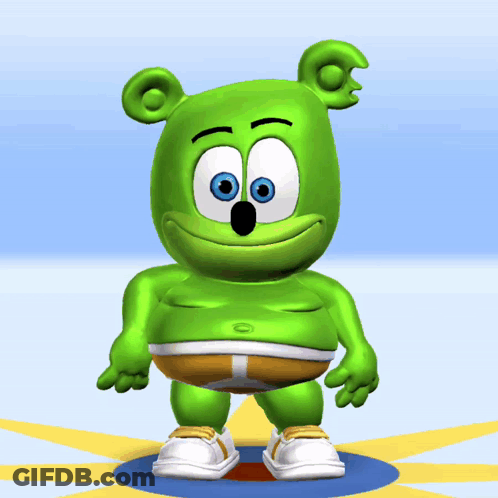 A Green Gummy Bear Is Standing On A Blue Circle GIF