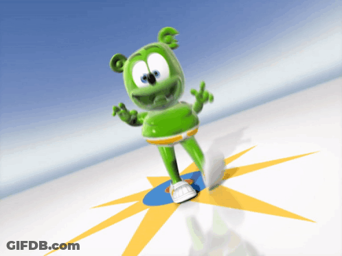 A Green Gummy Bear Is Standing On A Yellow And Blue Star GIF
