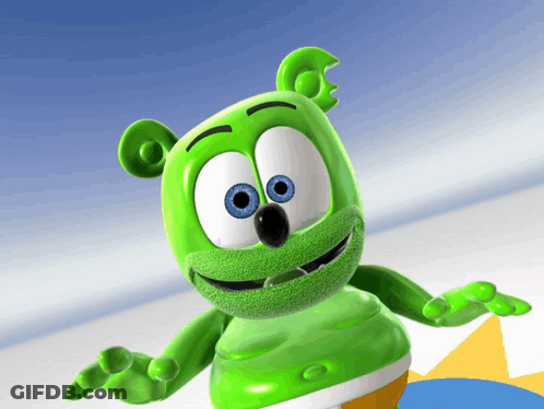 A Green Gummy Bear With Blue Eyes Is Standing In Front Of A Blue Background GIF