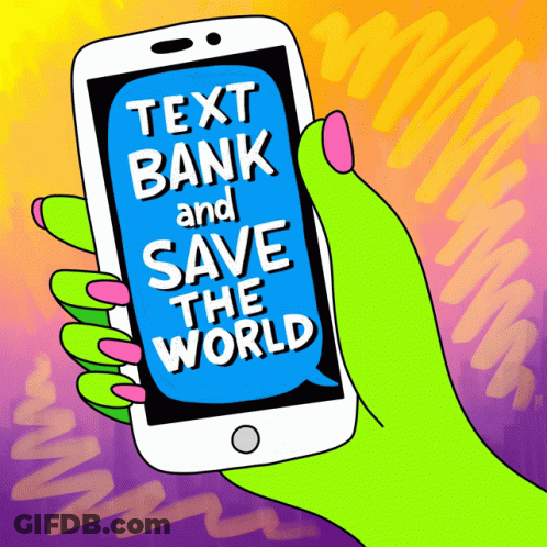 A Green Hand Is Holding A Cell Phone That Says Text Bank And Save The World On The Screen GIF