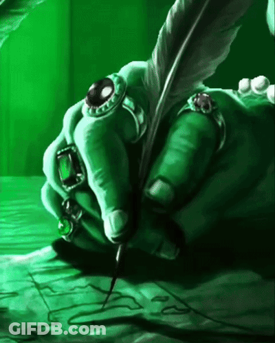 A Green Hand With Rings And A Feather Pen GIF