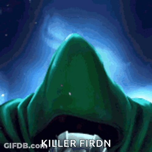 A Green Hooded Figure With The Words Killer Firdn Written Below It GIF
