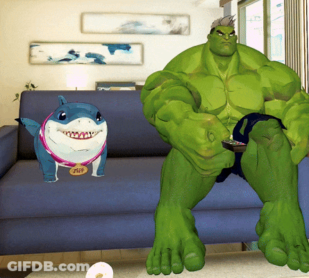 A Green Hulk Sits On A Blue Couch Next To A Blue Shark With A Tag That Says Peep GIF