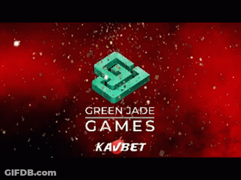 A Green Jade Games Logo On A Red Background With Gold Confetti GIF