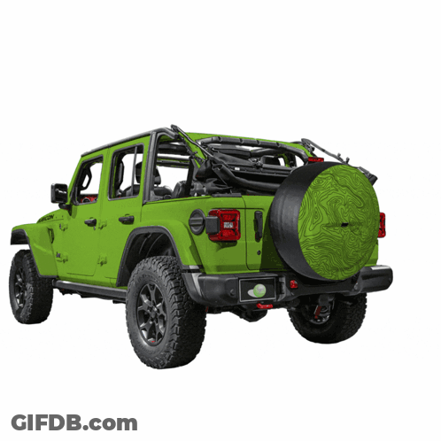 A Green Jeep With The Word Boomerang On Top GIF