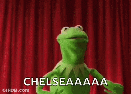 A Green Kermit The Frog Is Dancing In Front Of A Red Curtain And Says Chelseaaaa . GIF