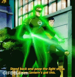 A Green Lantern Is Standing In Front Of A Building GIF