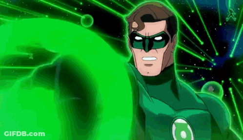 A Green Lantern Is Standing In Front Of A Green Background GIF