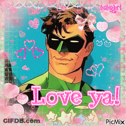 A Green Lantern With A Pink Bow On His Head Is Surrounded By Hearts And Says `` Love Ya '' . GIF