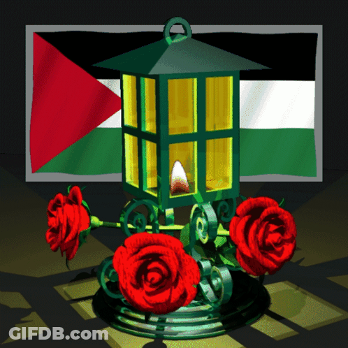 A Green Lantern With Red Roses In Front Of A Flag Of Palestine GIF