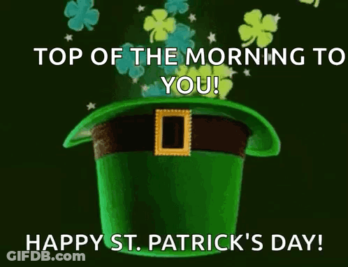 A Green Leprechaun Hat With Clovers Coming Out Of It . GIF