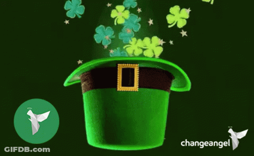 A Green Leprechaun Hat With Clovers Coming Out Of It And A Change Angel Logo GIF