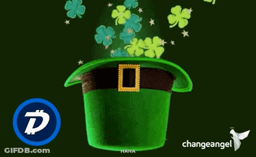 A Green Leprechaun Hat With Clovers Coming Out Of It And A Change Angel Logo GIF