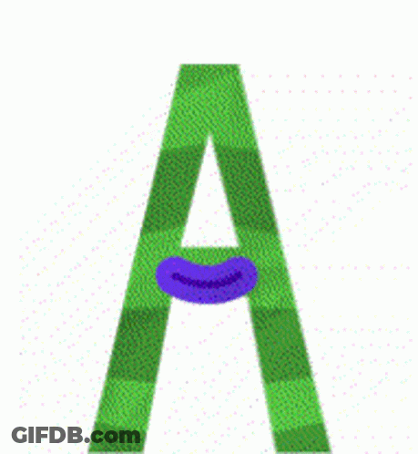 A Green Letter A With A Purple Mouth On A White Background GIF