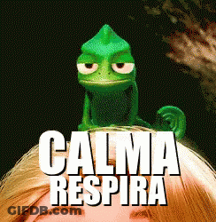 A Green Lizard Is Sitting On Top Of A Woman 'S Head With The Words Calma Respira Written Below It GIF