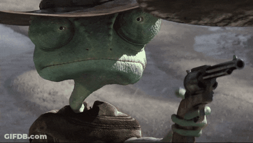 A Green Lizard Wearing A Cowboy Hat Holds A Gun GIF