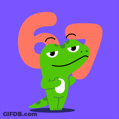 A Green Lizard With A Number 6 On Its Head GIF