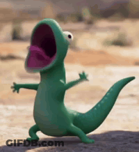A Green Lizard With A Purple Tongue Is Standing On A Rock . GIF