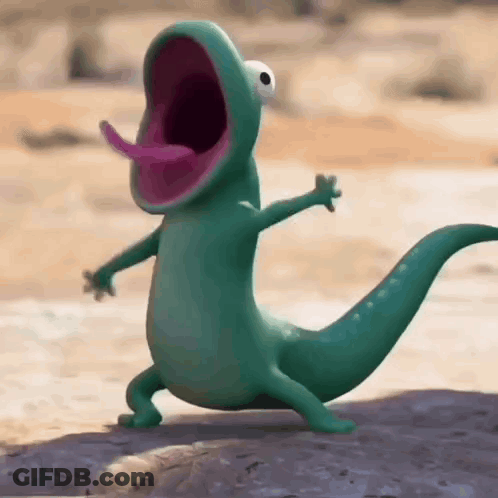 A Green Lizard With A Purple Tongue Sticking Out Is Standing On A Rock . GIF