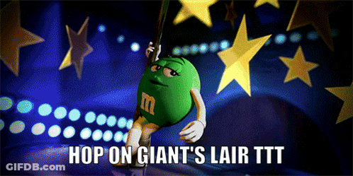A Green M & M Holding A Stripper Pole With The Caption Hop On Giant 'S Lair Ttt GIF