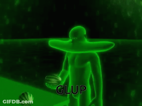 A Green Man Is Holding A Watermelon And The Word Glup Is On The Bottom Of The Screen . GIF