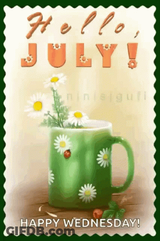 A Green Mug With Daisies And A Ladybug On It Says Hello July GIF
