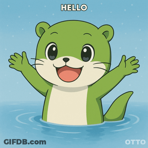 A Green Otter In The Water With The Words Hello Written Above It GIF
