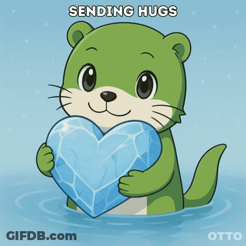 A Green Otter Is Holding A Heart Shaped Ice Cube And The Words Sending Hugs Are Above It GIF