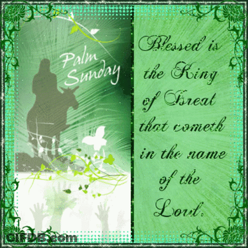 A Green Palm Sunday Greeting Card With A Silhouette Of A Man On A Donkey GIF