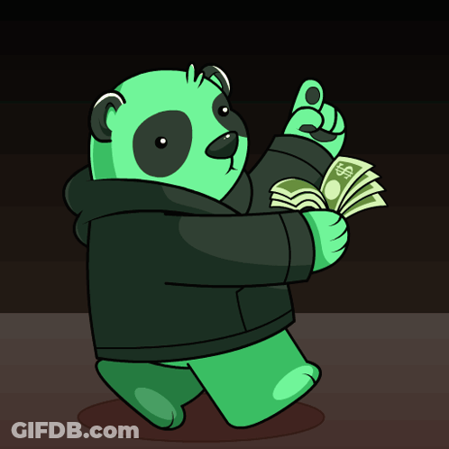 A Green Panda Bear Is Holding A Stack Of Money GIF