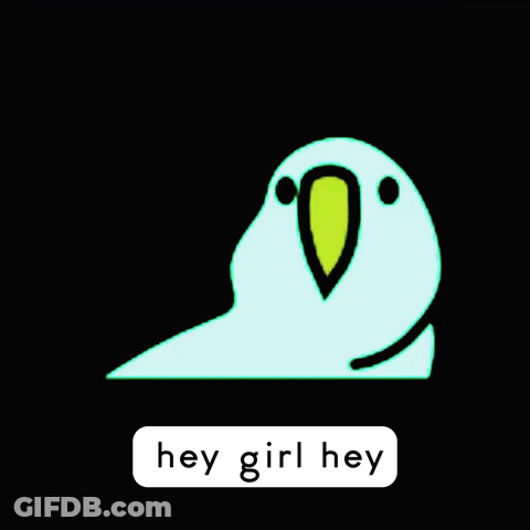 A Green Parrot Says " Hey Girl Hey " In A Black Background GIF