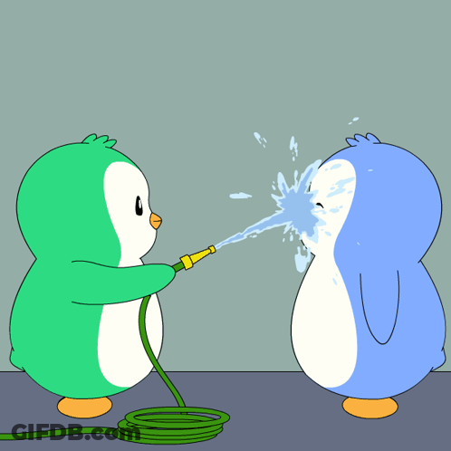 A Green Penguin Is Spraying Water On A Blue Penguin 'S Face GIF