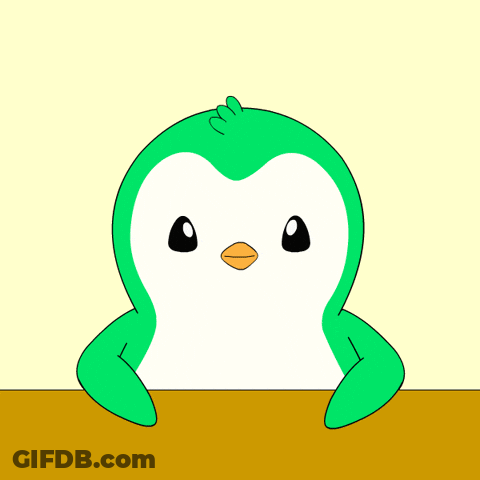 A Green Penguin With Hearts And The Word Wow On It GIF