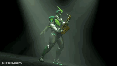 A Green Robot Is Playing A Saxophone In The Dark . GIF