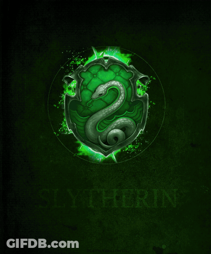 A Green Shield With A Snake And The Word Slytherin GIF