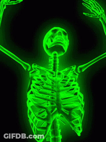 A Green Skeleton With Its Arms Outstretched Against A Black Background GIF